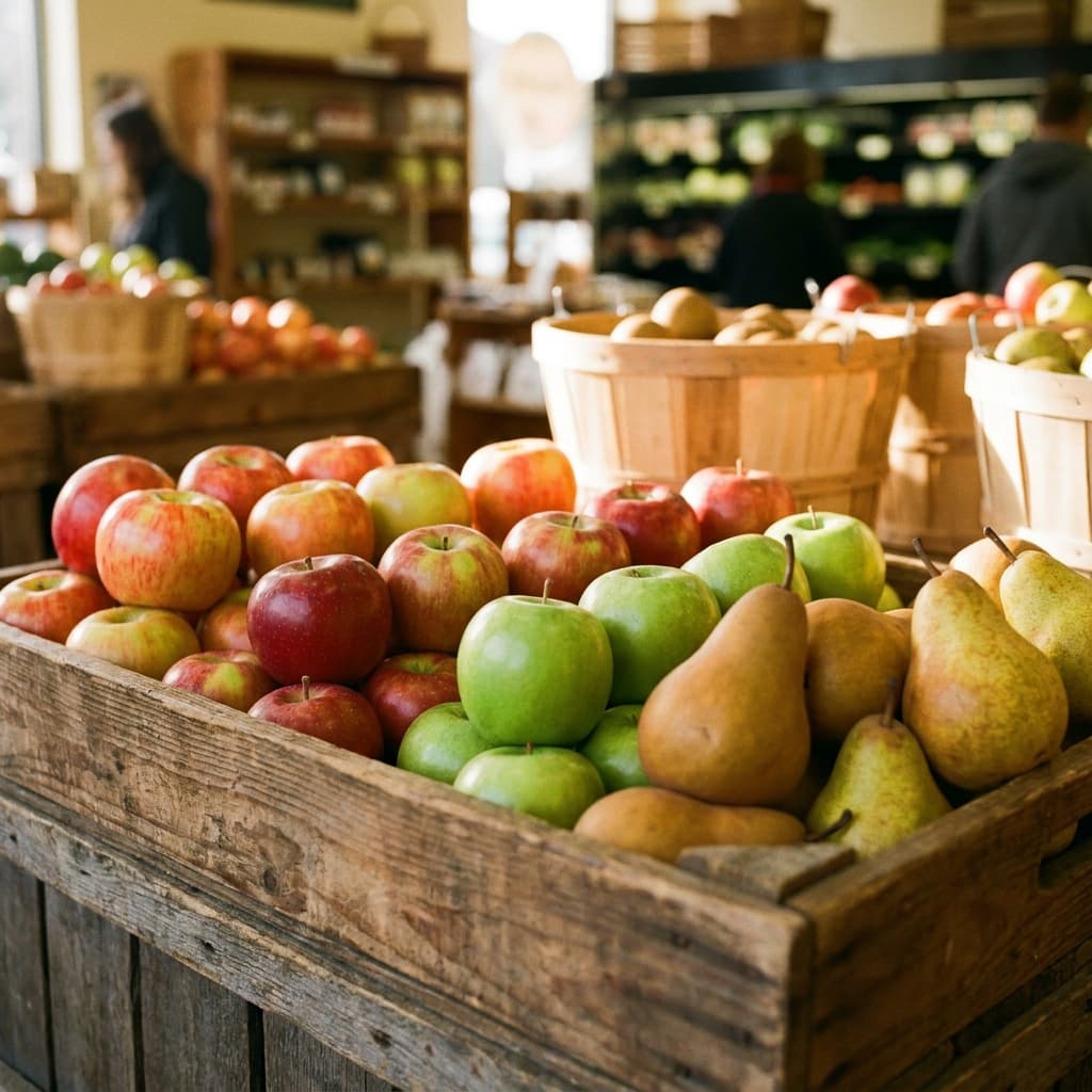 Pommes et poires de saison dans une caisse en bois