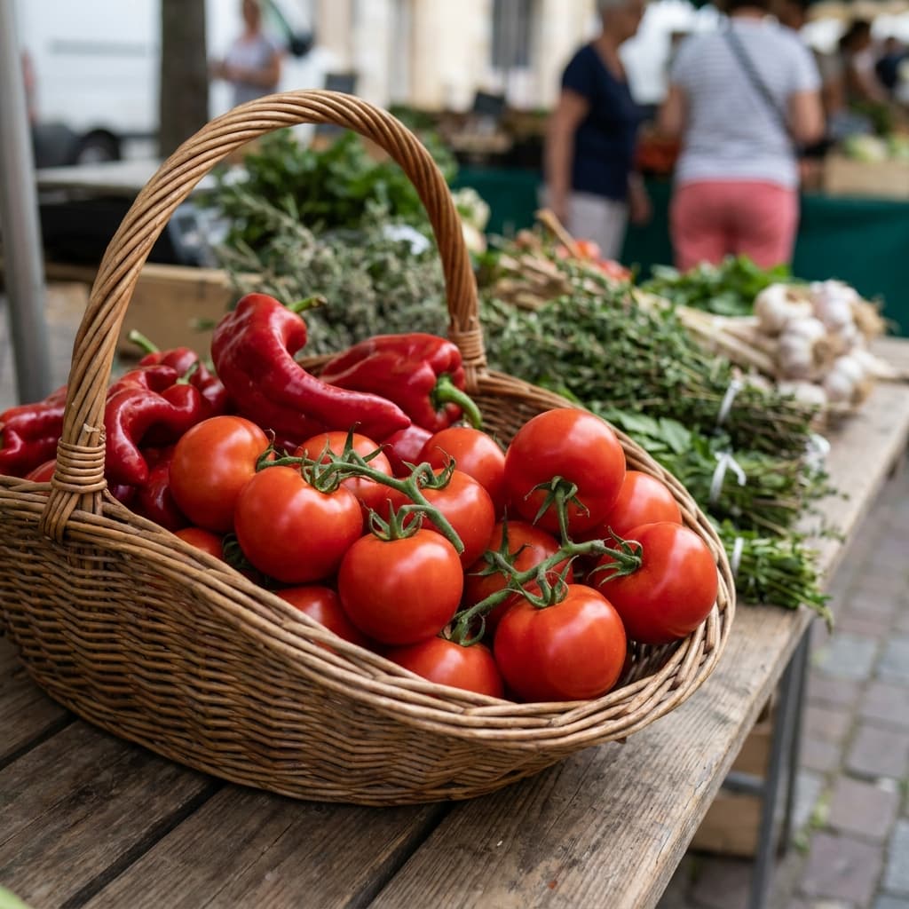 Tomates grappes et poivrons rouges dans un panier