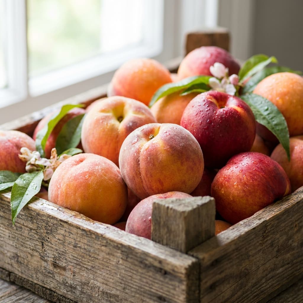 Pêches et nectarines de saison dans une caisse en bois