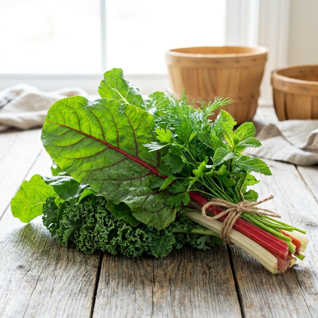 Bottes de légumes verts et herbes fraîches